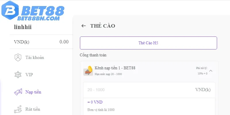 Thẻ cào cũng là lựa chọn nạp tiền vào Bet88 phổ biến 