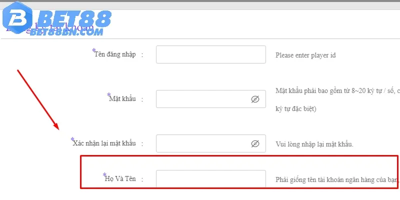 Thông tin ngân hàng trùng với thông tin đăng ký khi nạp tiền Bet88